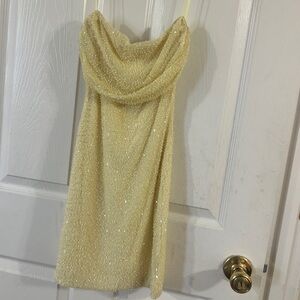 Elegant Yellow Beaded Spaghetti-Strap Evening Dress